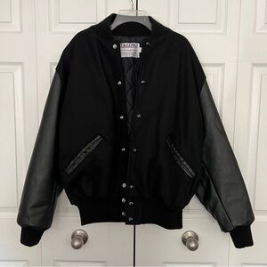 Vintage DeLong Varsity Letterman Bomber Jacket Black Wool Leather USA Large
